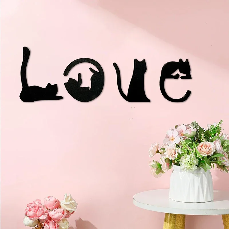 Black Cat Wall Decor, Love Themed Cat Wall Art For Living Room, Bedroom, Kitchen, Wooden Cat Home Decorations For Cat Lovers